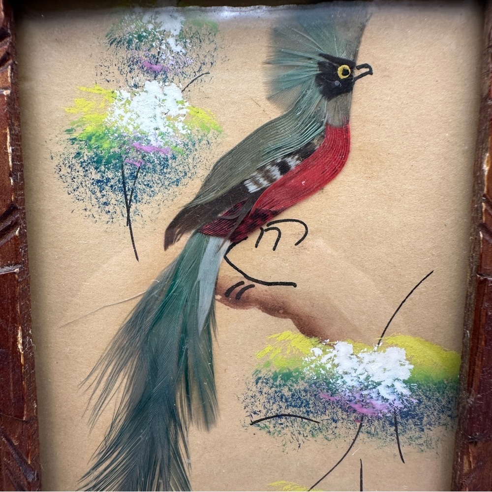 Vibrant Vintage Mexican Folk Art Feather Craft Blue Bird Picture Carved Frame - Picture 2 of 14